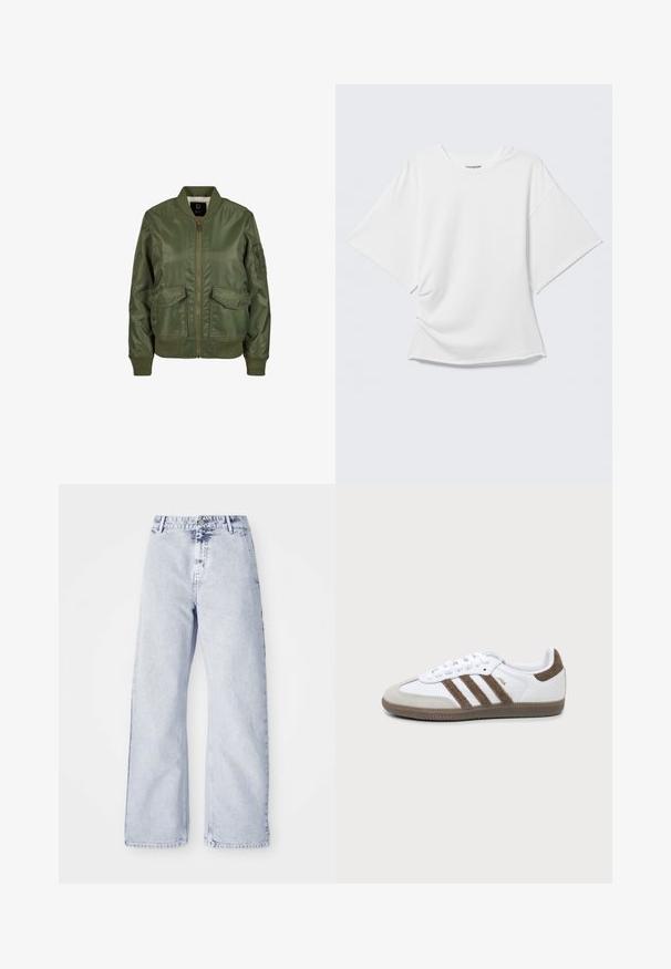 Olivegrüner Bomberjacke aus glänzendem Material, mit gerippten Bündchen, zwei Fronttaschen und einem Reißverschluss. Futter innen sichtbar.; Weißes kurzärmeliges Oversized T-Shirt mit Rundhalsausschnitt, dargestellt vor hellem grauem Hintergrund.; Helleblaue Jeans mit weitem Bein, hoher Taille, Knopfverschluss und Fünf-Taschen-Design. Weicher Stoff und sichtbare Nähte.; Weißer und brauner Adidas Samba Sneaker mit drei braunen Streifen, Schnürsenkeln und strukturierter Sohle, von der Seite auf einem einfarbigen Hintergrund gezeigt.