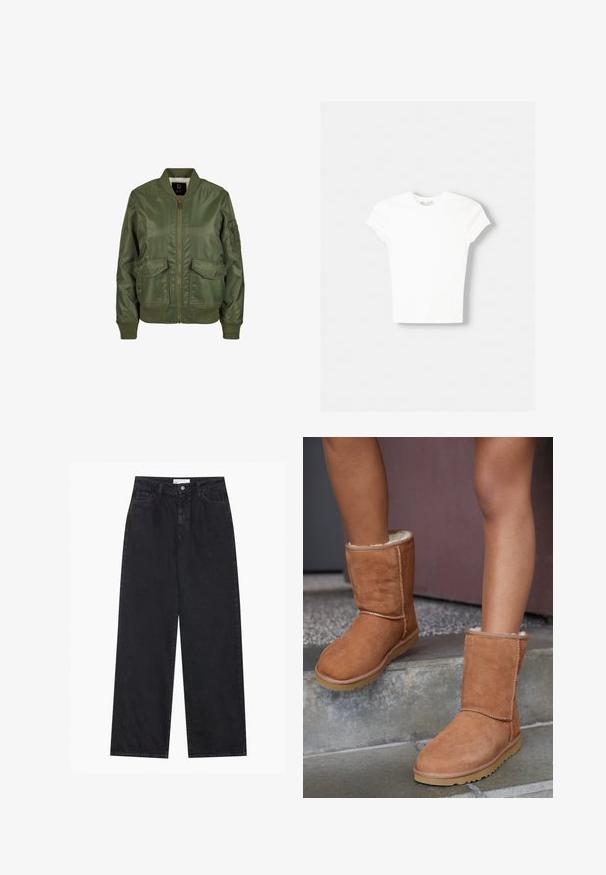 Olivegrüner Bomberjacke aus glänzendem Material, mit gerippten Bündchen, zwei Fronttaschen und einem Reißverschluss. Futter innen sichtbar.; Weißes kurzärmliges T-Shirt aus weicher Baumwolle, mit Rundhalsausschnitt und figurbetonter Form. Keine sichtbaren Muster oder Verzierungen.; Schwarze hoch geschnittene, weit geschnittene Jeans aus Denim mit Vorderknopf- und Reißverschluss, Gürtelschlaufen und fünf Taschen.; Braune Wildleder-Stiefeletten mit runder Spitze, weicher Innenausstattung und Gummisohle, die über sichtbare Nähte entlang der Nähte verfügen.