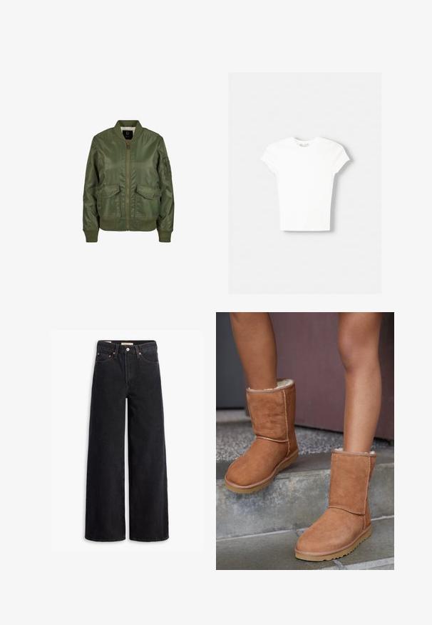 Olivegrüner Bomberjacke aus glänzendem Material, mit gerippten Bündchen, zwei Fronttaschen und einem Reißverschluss. Futter innen sichtbar.; Weißes kurzärmliges T-Shirt aus weicher Baumwolle, mit Rundhalsausschnitt und figurbetonter Form. Keine sichtbaren Muster oder Verzierungen.; Schwarze weite Jeans aus Denim mit fünf Taschen, Kupferrivets und einem klassischen Knopfverschluss. Glatte Textur mit einem klaren Design.; Braune Wildleder-Stiefeletten mit runder Spitze, weicher Innenausstattung und Gummisohle, die über sichtbare Nähte entlang der Nähte verfügen.