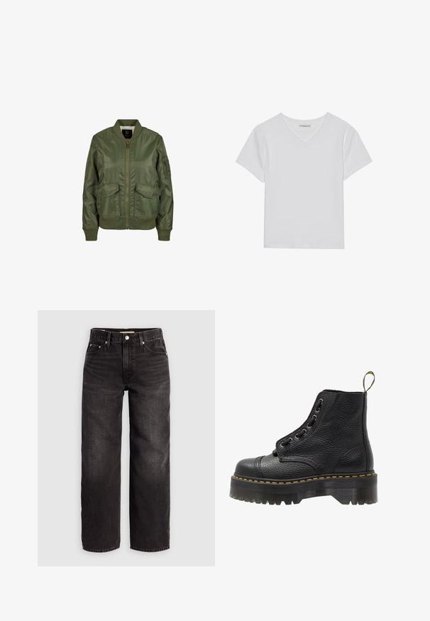 Olivegrüner Bomberjacke aus glänzendem Material, mit gerippten Bündchen, zwei Fronttaschen und einem Reißverschluss. Futter innen sichtbar.; Weißes kurzärmliges V-Ausschnitt-T-Shirt aus Rippstoff. Es zeichnet sich durch ein sauberes Design mit geradem Saum und minimalen Details aus.; Levi's® BAGGY DAD - Baggy Jeans - shrink up; Schwarze Leder-Ankle-Boots mit strukturierten Oberflächen, runder Zehenpartie, Schnürdesign, gelben Nähten und einer dicken, gerippten schwarzen Plateausohle.