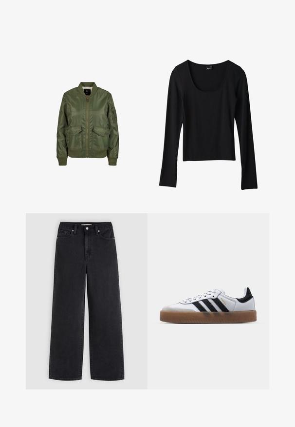 Olivovo zelená bomber bunda vyrobená z lesklého materiálu, so vzorovanými manžetami, dvoma prednými vreckami a zipsovým zapínaním. Viditeľná podšívka.; Čierny top s dlhými rukávy a okrúhlym výstrihom, vyrobený z ľahkého materiálu, priliehavého strihu a rovného lemu, s hladkou textúrou.; Čierne široké rifle s predným gombíkom a zipsom, s pútkami na opasok a s päťvreckovým dizajnom na svetlošedom pozadí.; Biele kožené tenisky s čiernymi pruhmi, gumová podrážka, okrúhla špička, šnurovanie a mäkký sivý semišový špička.