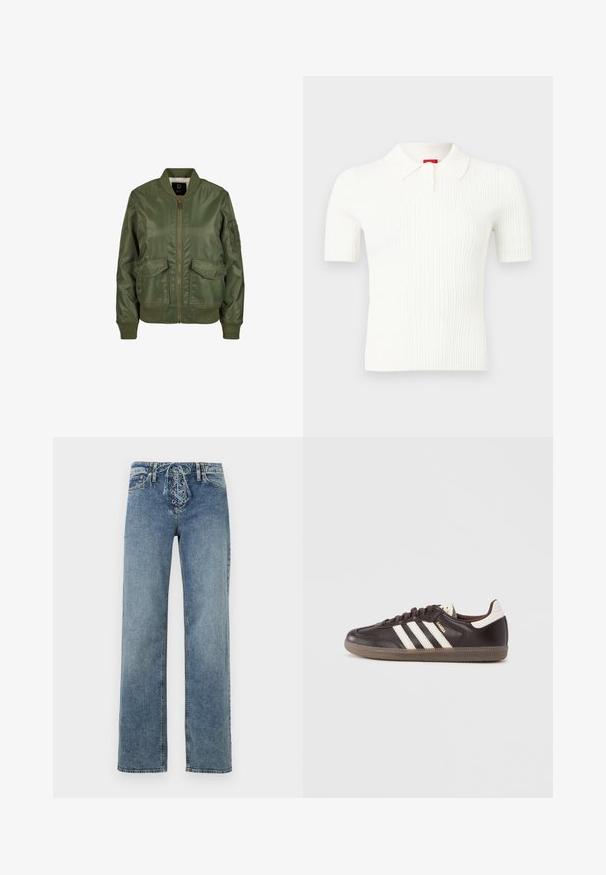 Veste bomber vert olive en matériau brillant, avec des poignets côtelés, deux poches avant et une fermeture éclair. Doublure intérieure visible.; Polo blanc à manches courtes côtelé avec un col à boutons, présenté sur un fond clair uni.; Jean en denim bleu avec jambes droites et fermeture avant à lacets avec œillets en métal, présenté sur un fond blanc.; Baskets en cuir marron foncé avec un design à trois bandes blanches, une semelle en caoutchouc et l'inscription "Samba" en lettres dorées sur le côté. Forme classique basse.
