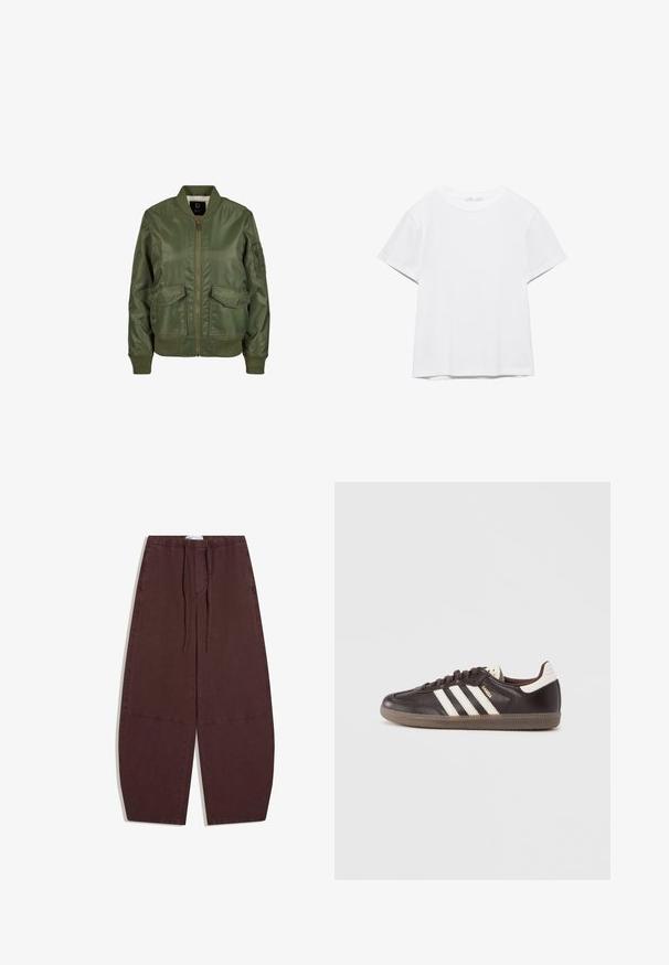 Olivovo zelená bomber bunda vyrobená z lesklého materiálu, so vzorovanými manžetami, dvoma prednými vreckami a zipsovým zapínaním. Viditeľná podšívka.; Jednoduché biele tričko s krátkym rukávom a okrúhlym výstrihom, s rovnými lemami, zobrazené na bielom pozadí.; Voľné, tmavohnedé nohavice s elastickým pásom a sťahovacou šnúrkou, s výraznými švami na nohaviciach.; Tmavohnedé kožené tenisky s bielym dizajnom troch pruhov, gumovou podrážkou a nápisom "Samba" v zlatej farbe na boku. Klasický nízky strih.