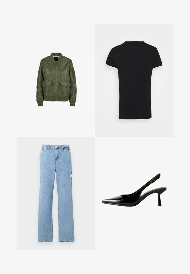 Olivengrøn bomberjakke lavet af blankt materiale, med ribbede manchetter, to frontlommer og lynlås lukning. Foret indre synligt.; Guess MINI TRIANGLE - T-shirts basic - jet black; Lyseblå denim cargo bukser med lige ben-design, der har sidelommer og kontraststing. Klassisk fem-lomme stil.; Sorte patenterede lædersandaletter med spids tå, udskårne sider, justerbar ankelstrop og en tynd, slank hæl.