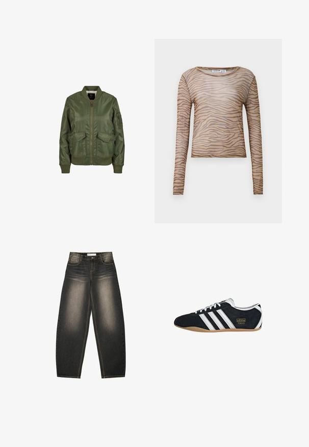 Olivovo zelená bomber bunda vyrobená z lesklého materiálu, so vzorovanými manžetami, dvoma prednými vreckami a zipsovým zapínaním. Viditeľná podšívka.; Dlhý rukáv, priliehavý, priesvitný béžový top s tmavohnedými zebrovými pruhmi a okrúhlym výstrihom.; Svetlo šedé džínsy s širokými nohavicami a jemným opotrebením, s piatimi vreckami, kontrastným prešívaním a voľným strihom. Žiadne viditeľné vzory ani ozdoby.; Čierne semišové tenisky s bielymi tromi pruhmi, zlatým logom a hnedou gumovou podrážkou. Disponujú nízkym šnurovacím dizajnom.