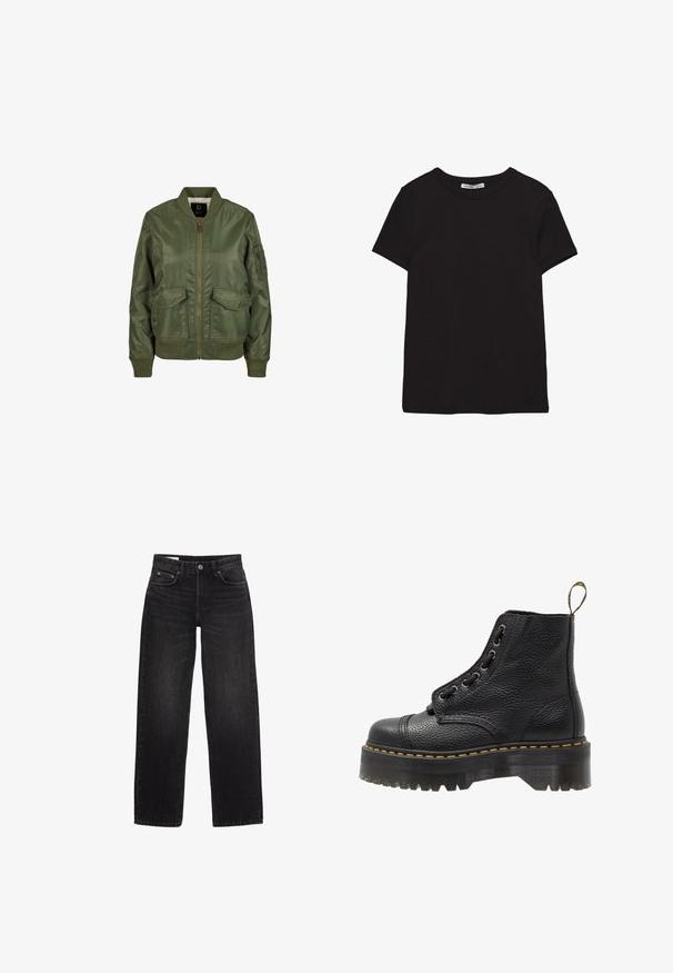 Veste bomber vert olive en matériau brillant, avec des poignets côtelés, deux poches avant et une fermeture éclair. Doublure intérieure visible.; T-shirt noir en coton à manches courtes avec encolure ronde, coupe standard et étiquette intérieure visible au niveau du col.; Jean en denim noir avec une coupe droite, présentant un style classique à cinq poches et une fermeture à bouton. Texture lisse, décoloration minimale.; Bottines en cuir noir avec surface texturée, bout arrondi, lacets, coutures jaunes et une épaisse semelle noire crantée.