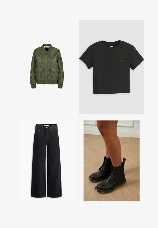 Olivovo zelená bomber bunda vyrobená z lesklého materiálu, so vzorovanými manžetami, dvoma prednými vreckami a zipsovým zapínaním. Viditeľná podšívka.; Čierne krátke tričko Levi's s okrúhlym výstrihom a malým červeným logom Levi's na ľavej strane hrudníka.; Čierne nohavice s voľným strihom vyrobené z denimu, obsahujúce päť vreciek, medené nitky a klasické zapínanie na gombík. Hladká textúra s čistým dizajnom.; Čierne kožené členkové čižmy so zipsom a šnurovacím dizajnom, s žltými stehmi a hrubou, textúrovanou podrážkou.