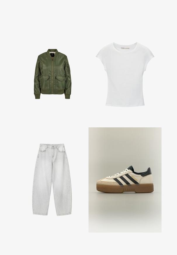 Olivovo zelená bomber bunda vyrobená z lesklého materiálu, so vzorovanými manžetami, dvoma prednými vreckami a zipsovým zapínaním. Viditeľná podšívka.; Biele bavlnené tričko s krátkymi, stočenými rukávmi, okrúhlym výstrihom a rovnou lemovkou. Hladká textúra bez viditeľných vzorov alebo akcentov.; Svetlo šedé široké džínsy vyrobené z denimu, s prednými vreckami, gombíkovým pásom a mierne vyblednutým povrchom.; Biele tenisky Adidas s čiernymi pruhmi, béžovou semišovou špičkou, hnedou podrážkou a "SPEZIAL" zlatým písmom na boku.
