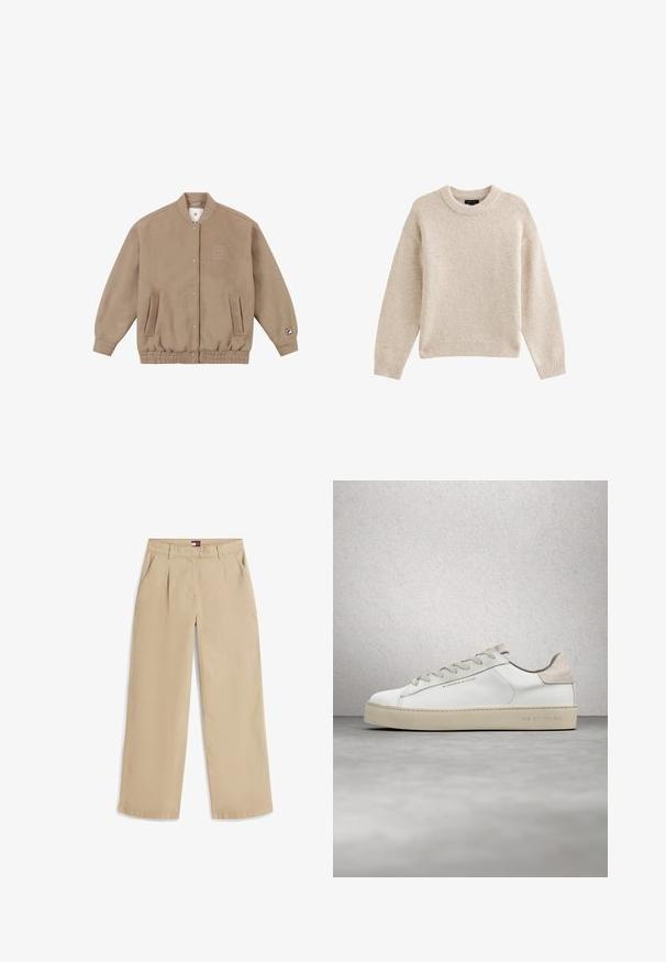 Lysebrun bomberjakke i blødt fleece-materiale med ribbet kant, to sidelommer og et logo-patch på venstre ærme.; Beige strikket sweater med rund hals, lange ærmer og ribbet kant. Tekstureret stof med en blød udseende. Enkel og alsidig design.; Beige bukser med lige ben, forreste læg, sidelommer, bæltestropper og en lille logoetiket på det indvendige linning.; Hvide lædersneakers med en glat overflade, beige ruskindsdetaljer, rund tå, flad snørebåndsdesign og en struktureret gummisål.