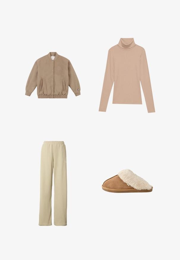 Lysebrun bomberjakke i blødt fleece-materiale med ribbet kant, to sidelommer og et logo-patch på venstre ærme.; Beige langærmet ribbet turtleneck-top med høj krave, præsenteret fladt på en lys baggrund.; Beige ribstrikkede bukser med vidde ben, elastisk taljebånd og diskret lille hvidt logo på den øverste del af låret.; Brun slip-on tøffel med blød beige imiteret pelsforing og sål, vist fra siden på hvid baggrund.
