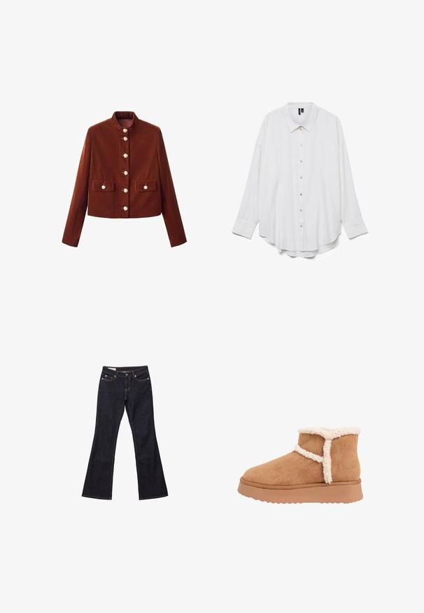 Veste courte bordeaux avec un col montant, dotée de grands boutons sur le devant et de deux poches à rabat. Texture douce avec une finition lisse.; Chemise blanche à manches longues avec boutons, col pointu et ourlet arrondi, présentée sur fond blanc uni.; Jean bootcut en denim bleu foncé avec poches avant, fermeture par boutons et surpiqûres visibles.; Bottine marron clair à la cheville avec une semelle épaisse en caoutchouc, un extérieur en suède souple et une doublure blanche et duveteuse autour du col et des coutures latérales.