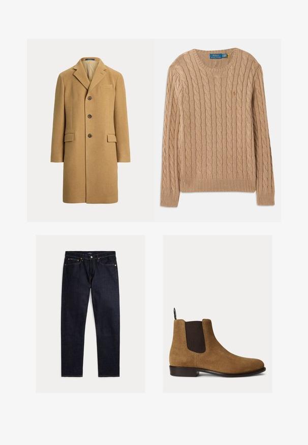 Enkeltbrystet kamelbrun uldfrakke med tre knapper, hakkede revers, brystlomme og to forlommer med klap.; Beige strikket sweater med kabelmønster, rund halsudskæring, ribbede manchetter og kant. Har mærkets label på indersiden af halsen.; Mørk indigoblå jeans med lige ben, fem lommer, knap- og lynlås lukning samt kontrastfulde orange syninger på en ensfarvet baggrund.; Brun ruskind Chelsea-støvle med sort elastisk sidepanel, lav hæl og trækflig på ensartet lyse baggrund.