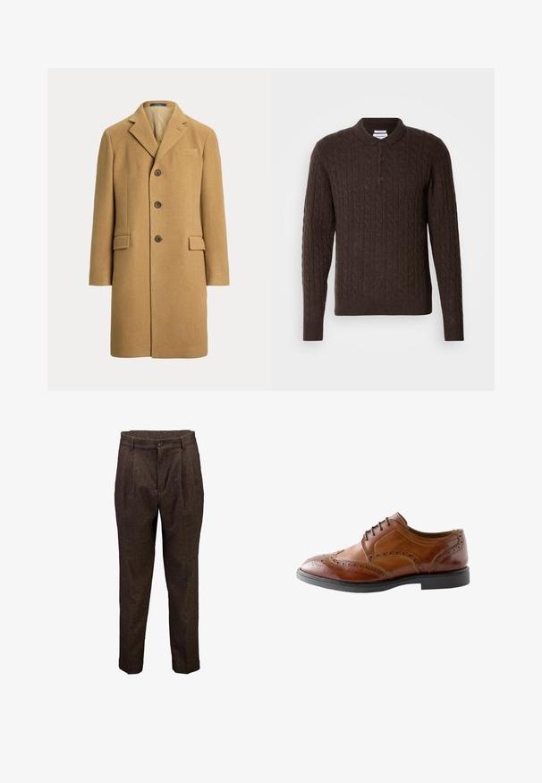 Enkeltbrystet kamelbrun uldfrakke med tre knapper, hakkede revers, brystlomme og to forlommer med klap.; Mørkebrun strikket sweater med kabelmønster, lange ærmer, krave og tre knaplukninger foran.; Brune herreuld bukser med forreste plisseringer, knaplukning og bæltestropper, vist mod en hvid baggrund.; Brun læder herre brogue sko med wingtip-detaljer, sorte snørebånd og sort sål, vist i sideprofil på hvid baggrund.