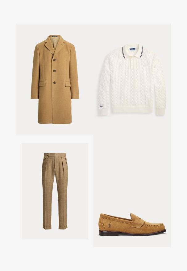 Einreihiger kamelbrauner Wollmantel mit drei Knöpfen, Kerbkragen, Brusttasche und zwei vorderen Klappentaschen.; Weißer Polo-Pullover mit Zopfmuster, langen Ärmeln, gerippten Bündchen und Saum, drei Knöpfen und einem schwarzen Streifen am Kragen.; Braune karierte Hose mit hohem Bund, Falten, Seitentaschen, geknöpftem Seitentab, umgeschlagenen Säumen und maßgeschneiderten geraden Beinen.; Hellbrauner Veloursleder-Slipper mit genähten Details und kleinem besticktem Pferde-Logo an der Seite, mit niedrigem Holzabsatz und Schlupf-Design.