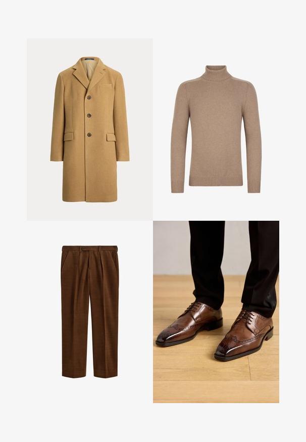 Enkeltbrystet kamelbrun uldfrakke med tre knapper, hakkede revers, brystlomme og to forlommer med klap.; Lys brun strikket rullekravesweater med lange ærmer og ribstrikkede manchetter og kant, vist på en hvid baggrund.; Brune kordbukser med plisser, sidelommer, bæltestropper og knaplukning i taljen, vist fladt på en hvid baggrund.; Brune læderdressko med spids tå, dekorative brogue-detaljer og en glat overflade, parret med sorte bukser.