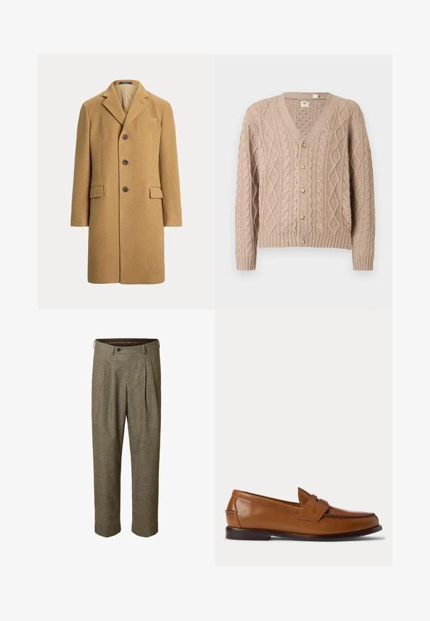 Einreihiger kamelbrauner Wollmantel mit drei Knöpfen, Kerbkragen, Brusttasche und zwei vorderen Klappentaschen.; Beige Strickjacke mit Zopfmuster, V-Ausschnitt, sechs Knöpfen vorne und gerippten Bündchen sowie Saum.; Braune Hose mit Karomuster, vorne mit Bügelfalten, Seitentaschen, Bund mit Gürtelschlaufen und Knopfverschluss.; Brauner Leder-Penny-Loafer mit niedrigem Absatz und gesteppten Details an Vorder- und Seitenpartien, seitlich auf weißem Hintergrund dargestellt.