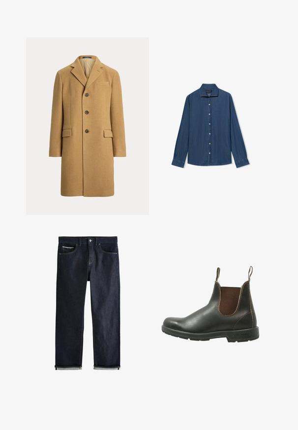 Einreihiger kamelbrauner Wollmantel mit drei Knöpfen, Kerbkragen, Brusttasche und zwei vorderen Klappentaschen.; Langärmliges, knöpfbares Denim-Hemd mit spitzem Kragen und weißen Knöpfen, auf einem weißen Hintergrund flach ausgelegt.; Dunkelblaue Jeans aus Denim mit klassischem geradem Schnitt, fünf Taschen, Knopfverschluss und umgeschlagenen Bündchen, die eine hellblaue Innenseite zeigen.; Chelsea-Boots aus glattem schwarzem Leder mit braunen elastischen Seitenteilen, kontrastierenden Nähten und einer strukturierten Gummisohle.