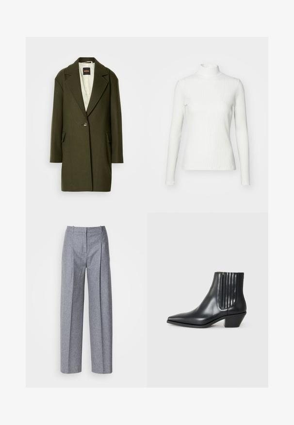 Mørkegrøn uldblandingsfrakke med spids klapkrave, enkelt knaplukning og sidelommer. Indersiden har en let quiltet fore.; Hvid ribbet turtleneck blouse med lange ærmer, lavet af elastisk stof. Har et tætsiddende design og høj hals for god dækning.; Lys grå bredbenede bukser i et struktureret stof, med plisseringer foran og en skræddersyet talje. Minimalistisk design, ingen synlig hardware.; Sorte læder ankelstøvle med spids tå, elastiske sidepaneler med lodrette riller og en lav blokhæl. Glat tekstur og slankt design.