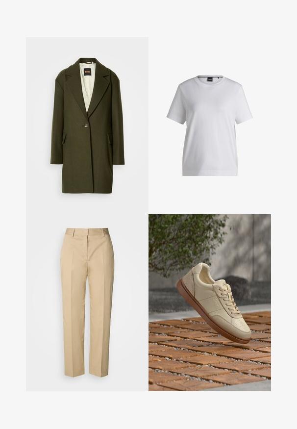 Donkergroene wolmix jas met een notch-lapel, enkele knoopsluiting en zijzakken. De binnenkant heeft een lichte gewatteerde voering.; Witte katoenen t-shirt met een ronde halslijn, korte mouwen en een ontspannen pasvorm. Heeft een klein merketiket nabij de kraag.; Beige rechte broek met riemlussen, voorplooi en verborgen sluiting, afgebeeld tegen een lichte achtergrond.; Beige leren sneaker met bruine zool zwevend boven een betegeld buitenterrein met verspreide kleine steentjes en groene bladeren op de achtergrond.