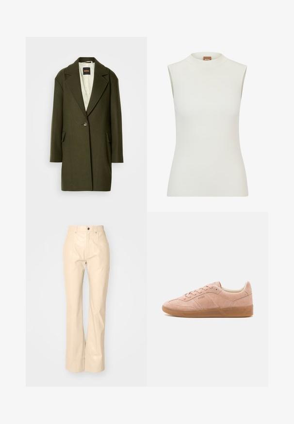 Donkergroene wolmix jas met een notch-lapel, enkele knoopsluiting en zijzakken. De binnenkant heeft een lichte gewatteerde voering.; Witte, mouwloze top met een hoge halslijn, met een geribbeld textuur en een getailleerd ontwerp. Merkenlabel "BOSS" zichtbaar op de kraag.; Beige faux leren flarebroeken met een soepele textuur, voorzien van voorzakken, een knoopsluiting en een subtiele glansafwerking.; Lichtroze suède sneakers met een rubberen zool, ronde neus en vetersluiting. Heeft minimale branding aan de zijkant en op de hiel.