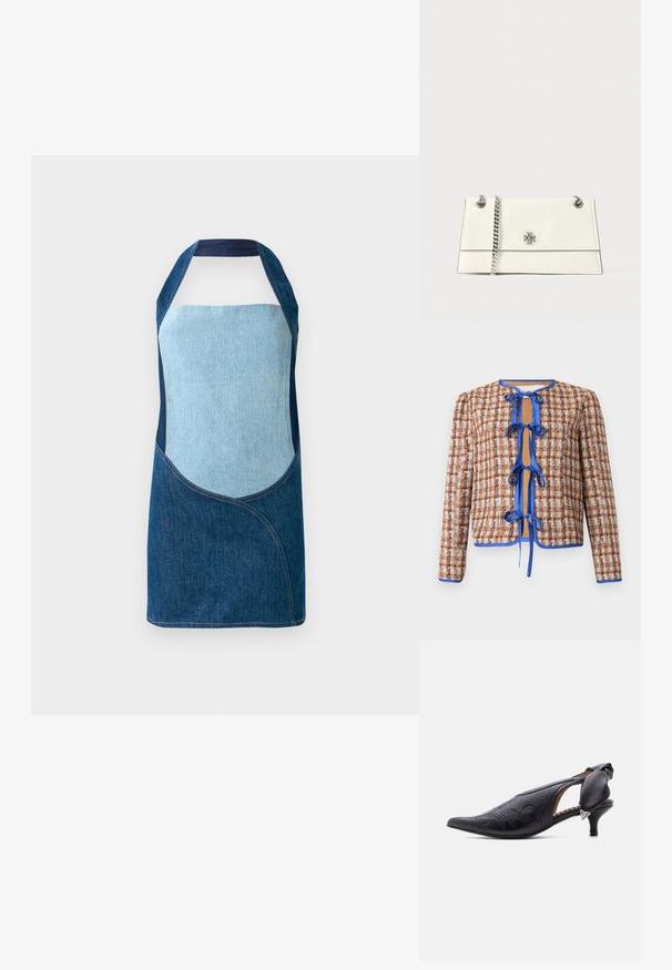 Vevet jakke i brun og hvid med blå kanter. Har en rund halsudskæring og frontbindinger, der viser et struktureret mønster gennem hele jakken.; Denimforklæde med en blanding af lyse og mørke blå stoffer, med buede paneldesign og halterneck silhuet.; Sort læder slingback-hæl med spids tå og broderede detaljer samt en lav kitten-heel, der har en polstret sløjfe og en sølvfarvet trekantsdetalje.; Hvid læderhåndtaske med rektangulær form, featuring en sølv kædetraspe og et logo-element foran. Glat tekstur, minimalistisk design.
