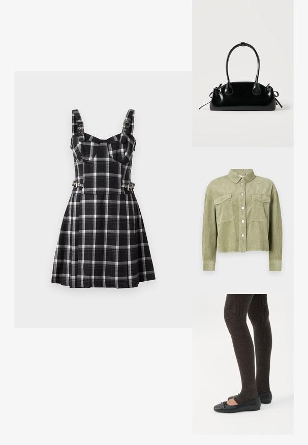 Grøn kordfløjl skjortejakke med et struktureret, ribbet design, to brystlommer og sølvknaplukning foran. Kortet fit med en slidset kant.; The Ragged Priest MONARCH DRESS - Hverdagskjole - black; Ben iført mørke ribbede leggings kombineret med sorte balletsko med små sløjfedetaljer på hvid baggrund.; Lille sort blank håndtaske med to lange håndtag og snøre-detaljer i siden på en ensfarvet lys baggrund.