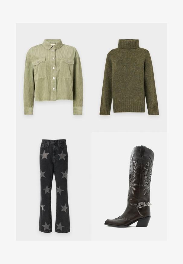 Groene corduroy shirtjack met een gestructureerd, ribbelig ontwerp, twee borstzakken en een sluiting met zilveren knopen aan de voorkant. Verkorte pasvorm met een rafelige zoom.; Vero Moda Knitted VMINGRID Knitted - Trui - grape leaf; Zwarte denim flared jeans met zilveren sterdecoraties in verschillende maten. Hoog getailleerd ontwerp met zakken en een knoopsluiting.; Zwarte leren cowboylaars met decoratieve uitsnijdingen, zilveren gesp en schuine hak, weergegeven op een witte achtergrond.