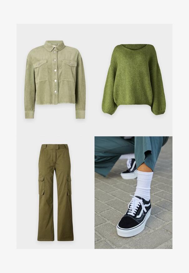 Groene corduroy shirtjack met een gestructureerd, ribbelig ontwerp, twee borstzakken en een sluiting met zilveren knopen aan de voorkant. Verkorte pasvorm met een rafelige zoom.; JDY JDYDINEA L/S REVERSIBLE PULLOV. KNT NOOS - Trui - fern; Olijfgroene cargobroek van een katoenmix, met een rechte pijp, twee zijzakken en een knoopsluiting bij de taille.; Zwarte suède sneaker met witte accenten en veters, uitgerust met een dikke witte zool en contrasterende stiksels, gecombineerd met een witte sok.