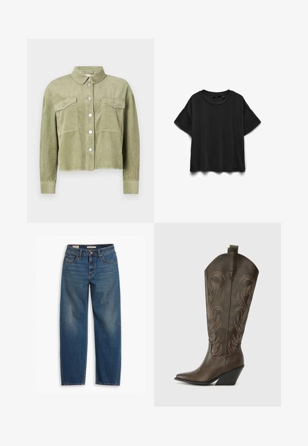 Veste en velours côtelé vert avec un design texturé et côtelé, deux poches poitrine et une fermeture à boutons argentés sur le devant. Coupe raccourcie, avec un ourlet effiloché.; T-shirt noir en coton à manches courtes avec encolure ronde, présenté à plat sur un fond blanc.; Jeans en denim bleu avec une coupe décontractée, featuring une taille haute, des jambes droites, des coutures visibles et un petit accent sur le genou gauche.; Botte de cowboy en cuir marron avec un embout pointu, un talon compensé et des broderies décoratives. Dispose d'un long tige et d'une languette de tirage.