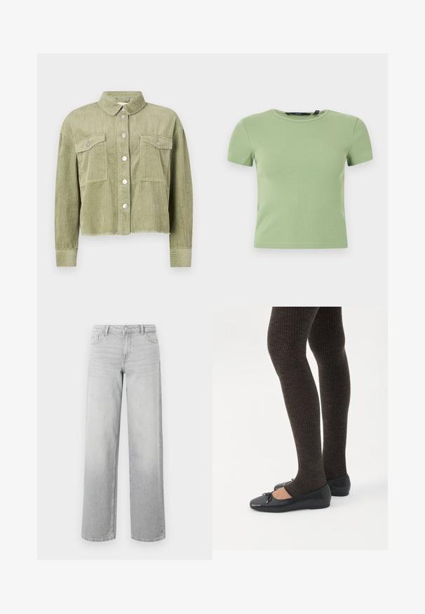 Groene corduroy shirtjack met een gestructureerd, ribbelig ontwerp, twee borstzakken en een sluiting met zilveren knopen aan de voorkant. Verkorte pasvorm met een rafelige zoom.; Lichtgroene geribbelde cropped top met korte mouwen, ronde halslijn en aansluitende pasvorm op witte achtergrond.; Lichtgrijze wijde spijkerbroek van denim. Voorzien van vijf zakken, een knoopsluiting en een subtiele vervaagde structuur voor een versleten uitstraling.; Benen met donkere geribbelde leggings gecombineerd met zwarte ballerina's met kleine strikdetails op een witte achtergrond.