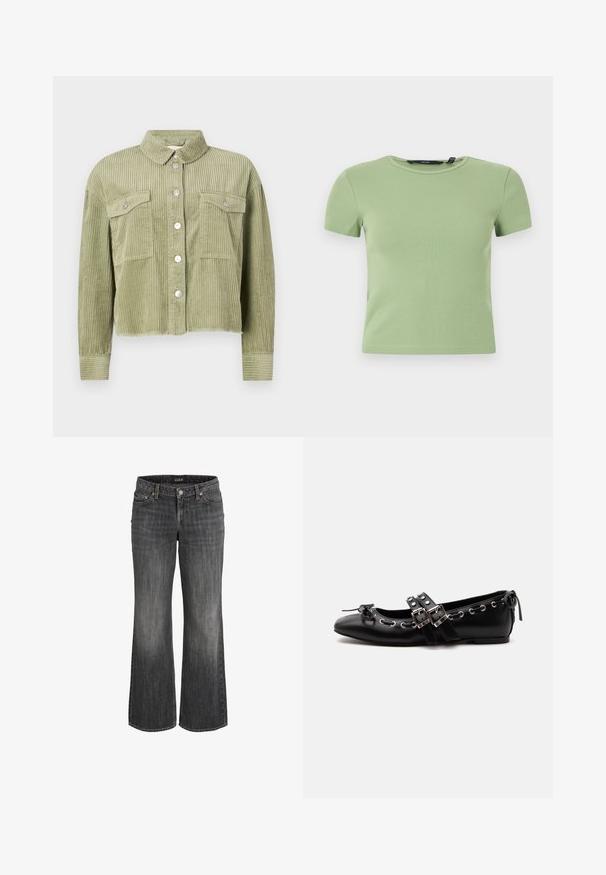 Groene corduroy shirtjack met een gestructureerd, ribbelig ontwerp, twee borstzakken en een sluiting met zilveren knopen aan de voorkant. Verkorte pasvorm met een rafelige zoom.; Lichtgroene geribbelde cropped top met korte mouwen, ronde halslijn en aansluitende pasvorm op witte achtergrond.; Zwart vervaagde denim jeans met rechte pijpen, voorzien van een knoopsluiting aan de voorkant, riemlussen en een ontwerp met vijf zakken.; Zwarte platte balletschoen met dubbele gespsluitingen, zilveren oogjes en een klein strikje nabij de afgeronde neus op een witte achtergrond.