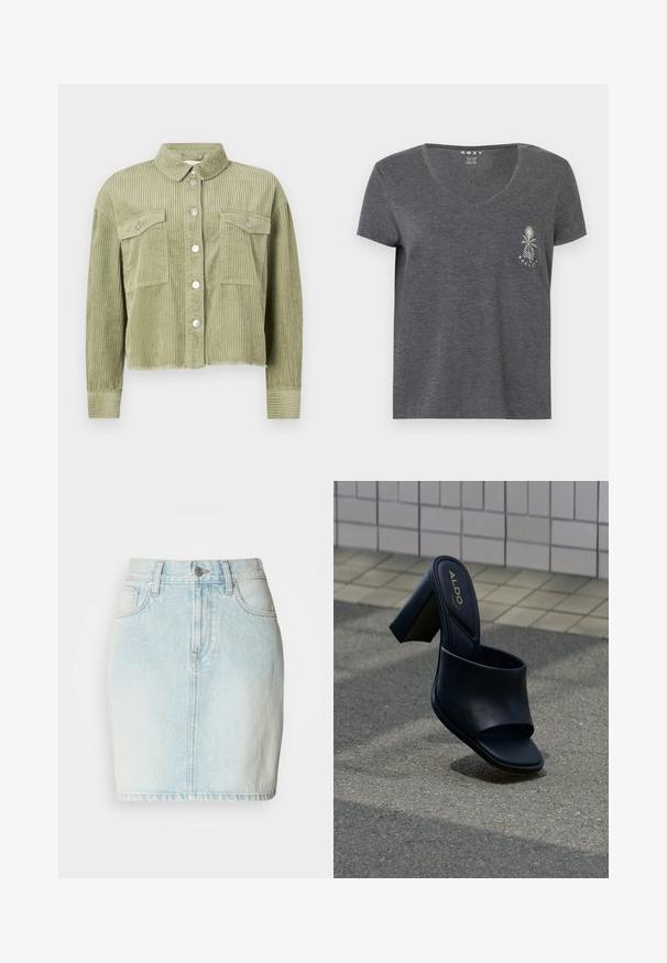 Grüne Cordjacke mit strukturiertem, geripptem Design, zwei Brusttaschen und silberner Knopfleiste. Taillierte Passform mit fransigem Saum.; Dunkelgraues V-Ausschnitt-T-Shirt mit kurzen Ärmeln und kleinem Fronttasche, die eine weiße Grafik mit einer Palme und Welle sowie die Aufschrift "Roxy" zeigt.; Jeansrock in Hellblau mit geradem Schnitt, versehen mit Fronttaschen, Gürtelschlaufen und einem klassischen Knopfverschluss an der Taille.; Schwarze, hochhackige Pantoletten mit einem breiten Riemen, quadratischer Zehenpartie und ALDO-Logo auf der gepolsterten Innensohle, auf einem strukturierten Pflasterhintergrund.