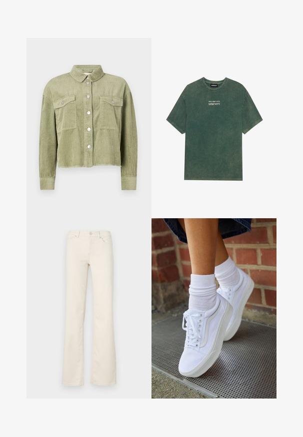 Groene corduroy shirtjack met een gestructureerd, ribbelig ontwerp, twee borstzakken en een sluiting met zilveren knopen aan de voorkant. Verkorte pasvorm met een rafelige zoom.; Groene katoenen t-shirt met een ronde hals en korte mouwen. Bevat vervaagde tekst in witte letters "DIVE DEEP INTO SERENITY". Zachte textuur.; Beige flared broeken van een katoenmix, met standaardzakken, een knoopsluiting aan de voorkant en stikdetails langs de naden.; Witte canvas sneakers met rubberen zolen, voorzien van zes vetertjes, een ronde neus en lichte stikdetails, gecombineerd met witte enkelsokken.