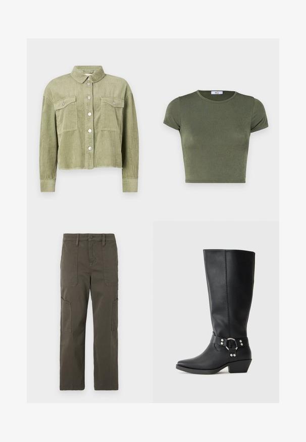 Grüne Cordjacke mit strukturiertem, geripptem Design, zwei Brusttaschen und silberner Knopfleiste. Taillierte Passform mit fransigem Saum.; Olivengrünes kurzärmeliges Crop-Top mit rundem Ausschnitt, aus strukturiertem Stoff gefertigt, mit taillierter Passform und minimalen Nähten.; Good American CROPPED PANTS - Cargohose - fatigue; Schwarze Lederstiefel bis zum Knie mit spitzem Zehenabschluss, ausgestattet mit einem dekorativen Knöchelriemen und silbernen Hardware-Elementen. Niedriger Blockabsatz.