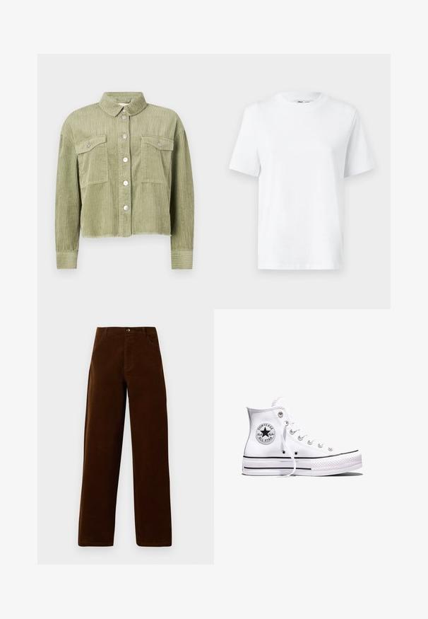 Grøn kordfløjl skjortejakke med et struktureret, ribbet design, to brystlommer og sølvknaplukning foran. Kortet fit med en slidset kant.; Hvid bomulds T-shirt med rund hals, kortærmet og en glat tekstur. Designet med en afslappet pasform for komfort og alsidighed.; Brune corduroy straight-leg bukser med forlommer, bæltestropper og knaplukning på en hvid baggrund.; Hvid Converse Chuck Taylor All Star højt snøresko med sorte striber og logoemblem på siden, vist mod en ensfarvet hvid baggrund.