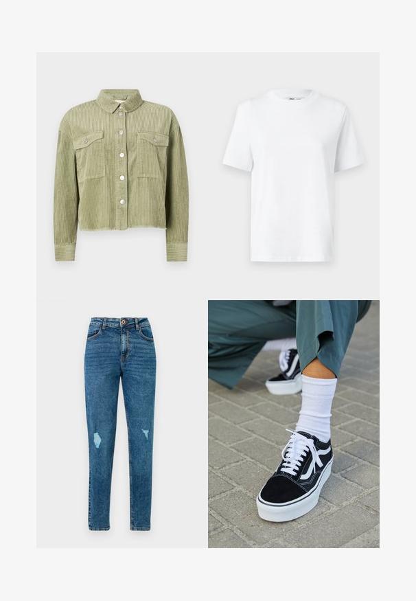 Groene corduroy shirtjack met een gestructureerd, ribbelig ontwerp, twee borstzakken en een sluiting met zilveren knopen aan de voorkant. Verkorte pasvorm met een rafelige zoom.; Witte katoenen T-shirt met ronde hals, korte mouwen en een gladde textuur. Ontworpen met een comfortabele en veelzijdige relaxte pasvorm.; Blauwe skinny jeans met hoge taille, versleten details op de dijen en zakken, voorzien van een knoop- en ritssluiting.; Zwarte suède sneaker met witte accenten en veters, uitgerust met een dikke witte zool en contrasterende stiksels, gecombineerd met een witte sok.