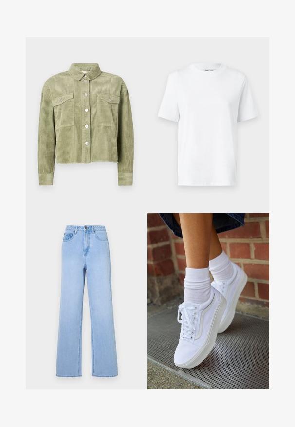 Grøn kordfløjl skjortejakke med et struktureret, ribbet design, to brystlommer og sølvknaplukning foran. Kortet fit med en slidset kant.; Hvid bomulds T-shirt med rund hals, kortærmet og en glat tekstur. Designet med en afslappet pasform for komfort og alsidighed.; Lysblå højtaljede jeans med bred ben-design, lavet af denim. Har markante syninger og fem-lommes styling.; Hvide lærreds sneakers med gummisåler, der har seks snørehuller, rund tå og let sømdetaljer, krydret med hvide ankelstrømper.