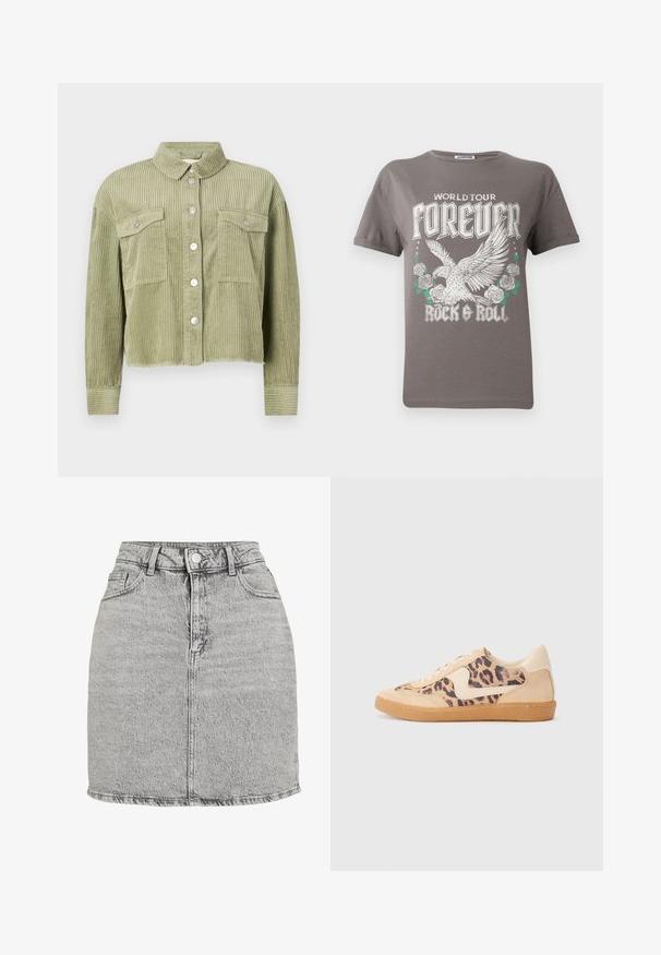 Veste en velours côtelé vert avec un design texturé et côtelé, deux poches poitrine et une fermeture à boutons argentés sur le devant. Coupe raccourcie, avec un ourlet effiloché.; T-shirt en coton gris arborant un grand graphisme d'un aigle et de roses, avec le texte "TOUR MONDIAL POUR TOUJOURS ROCK & ROLL" en lettres blanches en gras.; Jupe en denim gris à taille haute, avec une fermeture à boutons sur le devant et deux poches latérales. Présente un ourlet effiloché et une texture légèrement délavée.; Baskets en imprimé léopard avec tige en suède beige, semelle en caoutchouc tan et accents blancs. Bout rond et design à lacets avec une finition texturée.