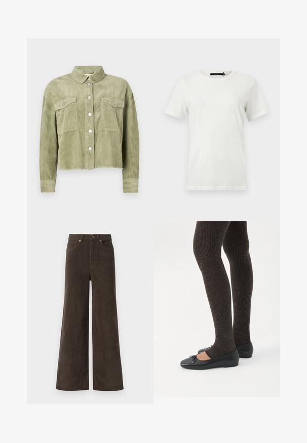 Groene corduroy shirtjack met een gestructureerd, ribbelig ontwerp, twee borstzakken en een sluiting met zilveren knopen aan de voorkant. Verkorte pasvorm met een rafelige zoom.; Effen witte T-shirt met korte mouwen en ronde hals, met een rechte zoom, plat gelegd op een lichte achtergrond.; Donkerbruine wijde corduroy broek met voorzakken, riemlussen en een knoopsluiting in de taille.; Benen met donkere geribbelde leggings gecombineerd met zwarte ballerina's met kleine strikdetails op een witte achtergrond.