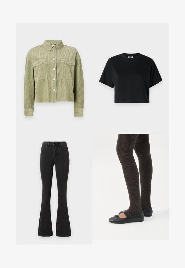Grüne Cordjacke mit strukturiertem, geripptem Design, zwei Brusttaschen und silberner Knopfleiste. Taillierte Passform mit fransigem Saum.; Schwarzes cropped T-Shirt mit kurzen Ärmeln, Rundhalsausschnitt, aus glattem Baumwollstoff, mit minimalistischem Design und dezenten Steppdetails.; Schwarze hoch taillierte Schlagjeans mit vorderem Knopf- und Reißverschluss, vorderen und hinteren Taschen sowie gerade abgesteppten Säumen.; Beine in dunklen, gerippten Leggings kombiniert mit schwarzen Ballerinas mit kleinen Schleifendetails auf weißem Hintergrund.