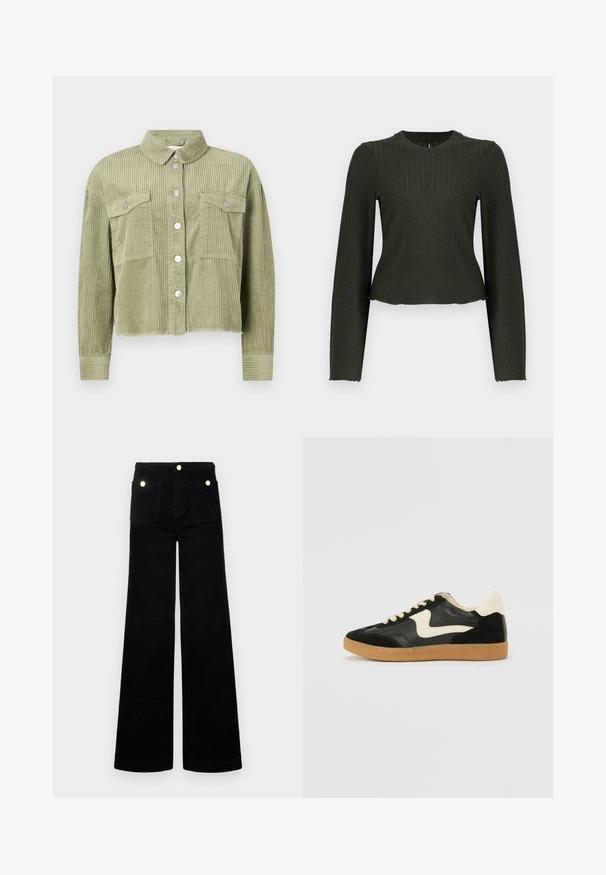 Groene corduroy shirtjack met een gestructureerd, ribbelig ontwerp, twee borstzakken en een sluiting met zilveren knopen aan de voorkant. Verkorte pasvorm met een rafelige zoom.; Olijfgroene cropped lange mouw top gemaakt van ribbelstof. Heeft een ronde halslijn en een slim-fit silhouet.; Zwarte flared jeans van denim, met een hoge taille, twee voorzakken en accenten in goudkleurig metaal. Soepele textuur, wijduitlopende pijpen.; Zwarte suède en leren sneaker met een crèmekleurige zij-swoosh en lichte crèmekleurige hiel. Voorzien van beige veters en een gumrubberen zool.