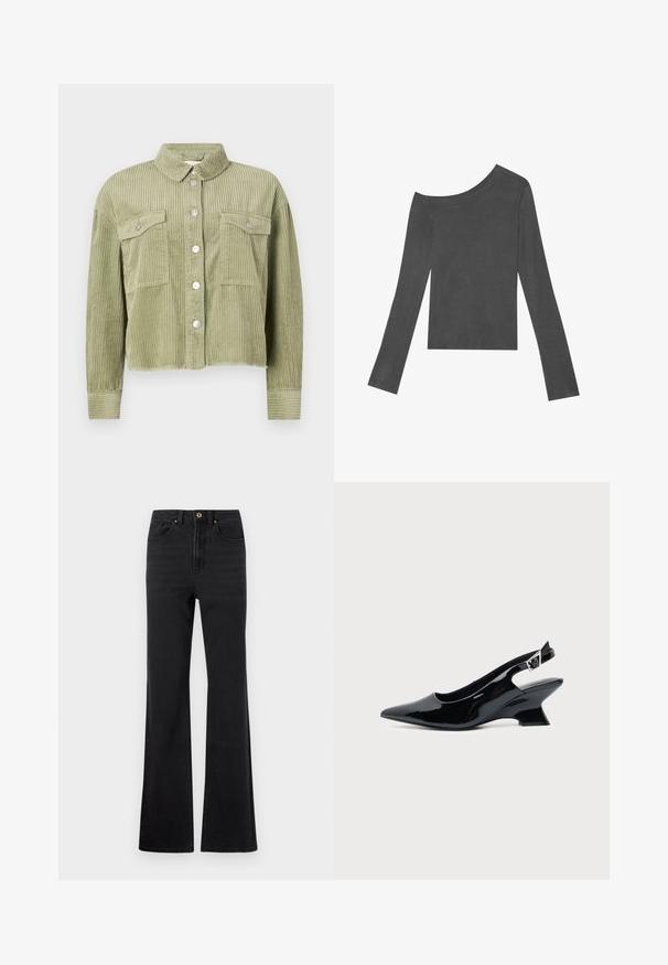 Grøn kordfløjl skjortejakke med et struktureret, ribbet design, to brystlommer og sølvknaplukning foran. Kortet fit med en slidset kant.; Grå, langærmet top med off-shoulder design. Lavet af blødt stof med en glat tekstur og en lige skåret kant.; Sorte højtaljede denim jeans med foran knap, bæltestropper og let udvidede ben mod en hvid baggrund.; Sort laklæder slingback sko med spids tå og lav vinklet blokhæl på ensartet lys baggrund.