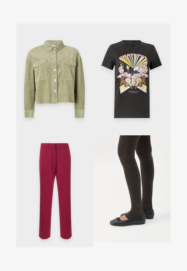 Grøn kordfløjl skjortejakke med et struktureret, ribbet design, to brystlommer og sølvknaplukning foran. Kortet fit med en slidset kant.; Sort bomulds t-shirt med et farverigt grafisk design med tigre, blomster og geometriske former. Teksten "GRATEFUL" er fremtrædende.; Bordeauxrøde bukser lavet af glat stof med en lige pasform, med linning, bæltestropper og sidelommer. Ingen dekorative detaljer.; Ben iført mørke ribbede leggings kombineret med sorte balletsko med små sløjfedetaljer på hvid baggrund.