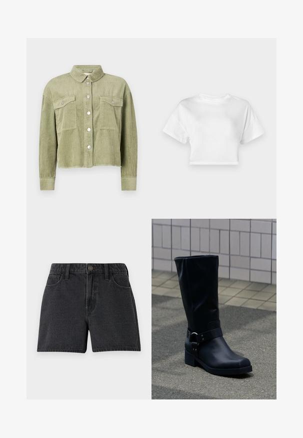 Grøn kordfløjl skjortejakke med et struktureret, ribbet design, to brystlommer og sølvknaplukning foran. Kortet fit med en slidset kant.; Hvid cropped t-shirt lavet af bomuld. Korte ærmer, rund halsudskæring, glat tekstur, afslappet design uden mønstre eller pynt.; Sorte denim shorts med et klassisk design, der har forlommer, knaplukning og en let struktureret overflade.; Sort læderstøvle midt på læggen med lav blokhæle og en dekorativ rem med metal spænde rundt om anklen, på en flisebelagt fortov.