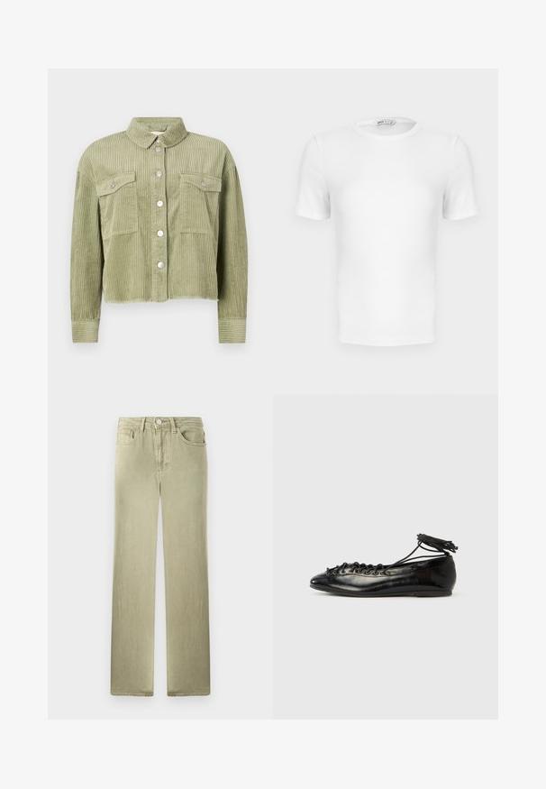 Grøn kordfløjl skjortejakke med et struktureret, ribbet design, to brystlommer og sølvknaplukning foran. Kortet fit med en slidset kant.; Hvid ribstrikket T-shirt med korte ærmer, rund hals og tætsiddende pasform samt en lille mærkeetiket inde i kraven.; Beige straight-leg jeans med for- og baglommer, knap- og lynlås-lukning, vist mod en hvid baggrund.; Sorte balletflade sko i laklæder med rundet tå, snørelukning og flad sål. Glat tekstur med få detaljer.