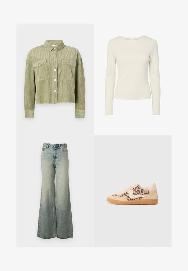 Grüne Cordjacke mit strukturiertem, geripptem Design, zwei Brusttaschen und silberner Knopfleiste. Taillierte Passform mit fransigem Saum.; Cremefarbenes, langärmliges, tailliertes Damenshirt mit rundem Ausschnitt und glatter Textur, auf weißem Hintergrund präsentiert.; Helles blauweite Jeans im Denim-Stil mit hoher Taille, ausgewaschenem Finish und seitlichen Taschen mit sichtbaren Nähten.; Löwenmuster-Sneaker mit beige Wildleder-Obermaterial, tanfarbener Gummisohle und weißen Akzenten. Runde Zehenform und Schnürdesign mit strukturiertem Finish.