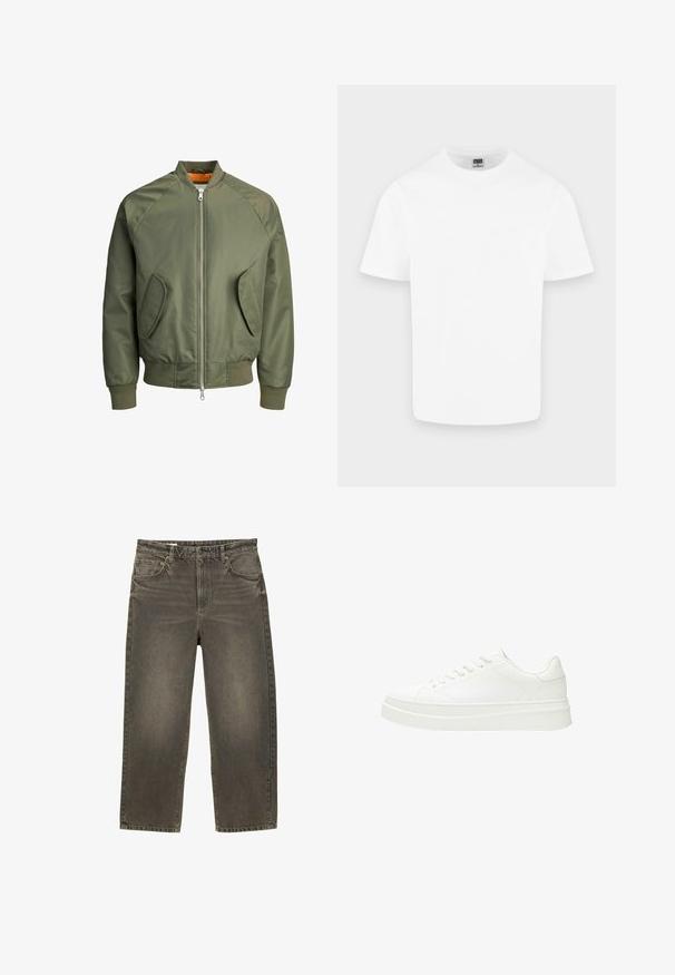 Veste bomber vert olive avec une fermeture éclair à l'avant, des manches raglan, deux poches latérales et des poignets côtelés. L'intérieur est doté d'une doublure orange vif.; T-shirt blanc uni en coton à manches courtes et col rond présenté sur un fond gris clair.; Jeans à jambes larges en denim gris délavé avec un léger éclat. Comprend deux poches avant et une fermeture à bouton. Coutures horizontales sur la taille.; Baskets blanches avec une tige en cuir lisse, des lacets plats et une semelle en caoutchouc épaisse. Le design minimaliste présente des coutures discrètes et des accents sans couture.