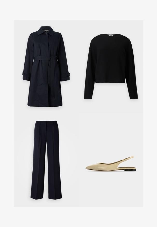 Marineblauer trenchcoat aus glattem Stoff, mit tailliertem Schnitt, Klapptaschen und klassischem Kragen mit Knopfakzenten.; Schwarzer, langärmeliger, kurz geschnittener Strickpullover mit rundem Ausschnitt und lockerem Sitz, vor weißem Hintergrund präsentiert.; Marineblaue Hosen mit weitem Bein und Falten, gefertigt aus glattem Stoff. Sie verfügen über einen maßgeschneiderten Bund und eine schlanke Silhouette.; Beiger Slingback-Ballerina mit spitzer Kappe, niedrigem schwarzem Absatz und glattem Lederfinish, seitlich auf einfarbigem Hintergrund gezeigt.