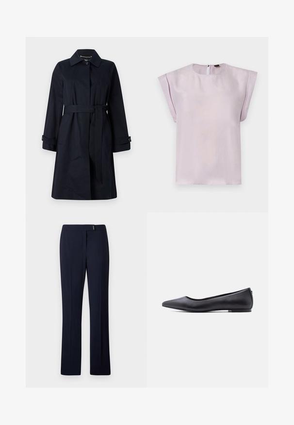 Marineblauer trenchcoat aus glattem Stoff, mit tailliertem Schnitt, Klapptaschen und klassischem Kragen mit Knopfakzenten.; Fliederfarbene Seidenbluse mit rundem Ausschnitt, kurzen drapierten Ärmeln und einem Rückenverschluss mit Schlüssellochöffnung. Glatte Textur mit minimalistischem Design.; Navyblaue maßgeschneiderte Hose aus einem glatten Stoff, mit flacher Vorderseite, geraden Beinen und einem dezenten silbernen Akzent an der Taille.; Schwarzer flacher Lederschuh mit spitzer Kappe und niedrigem Absatz, seitlich vor weißem Hintergrund gezeigt.
