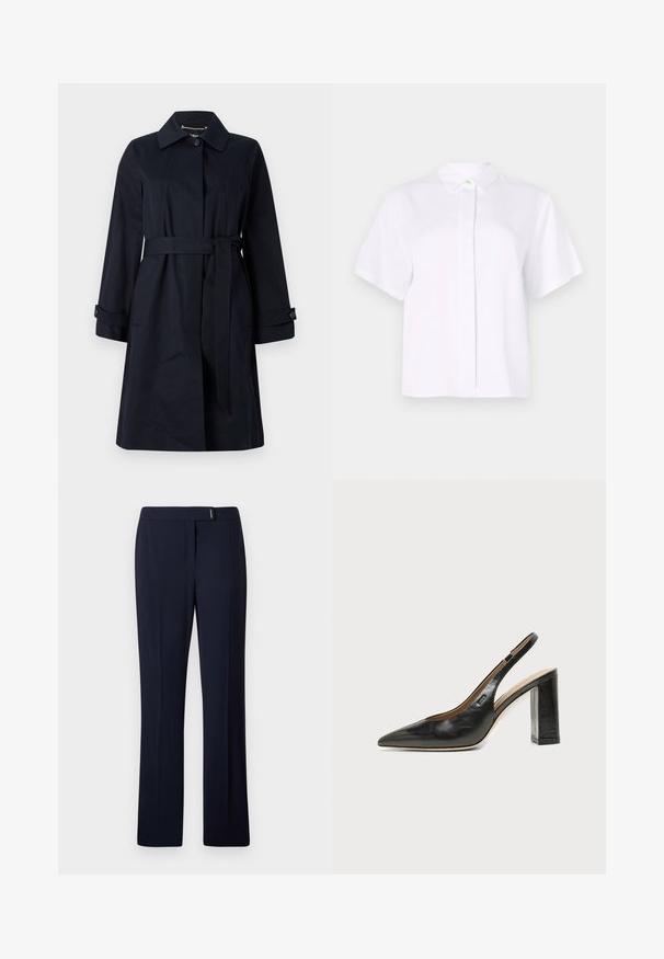 Marineblauer trenchcoat aus glattem Stoff, mit tailliertem Schnitt, Klapptaschen und klassischem Kragen mit Knopfakzenten.; Kurzärmliges, weißes Hemd aus glattem Stoff, mit einem spitzen Kragen und einer Knopfleiste mit einem grünen Akzentknopf.; Navyblaue maßgeschneiderte Hose aus einem glatten Stoff, mit flacher Vorderseite, geraden Beinen und einem dezenten silbernen Akzent an der Taille.; Schwarzer Leder-Slingback-Schuh mit spitzer Zehenpartie, Blockabsatz und kleinem Logo an der Seite, vor einfachem weißem Hintergrund.
